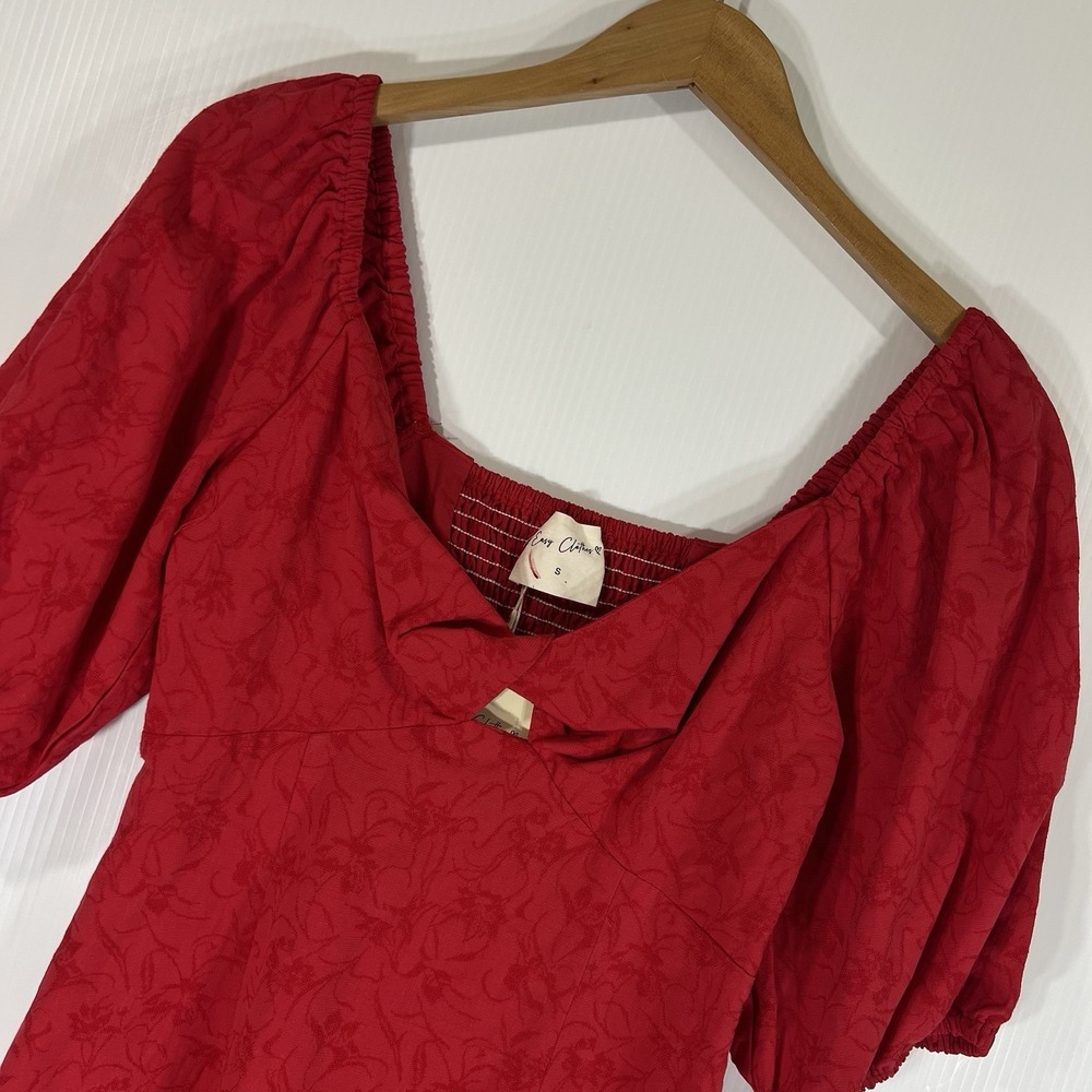 Easy Clothes Mia Red Floral Mini Dress Size S Cotton Balloon Sleeves Twist NEW